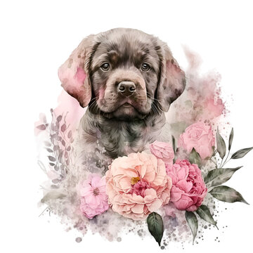 Watercolor cute puppy with pink flowers illustration. Generative AI, png image.