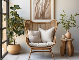 Mockup frame in home interior with rattan furniture, Mockups Design 3D, High-quality Mockups, Generative Ai