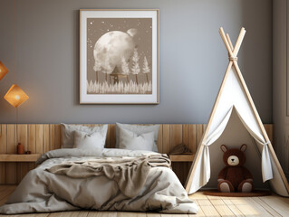 Mock Up poster frame in Children Bedroom Interior, Mockups Design 3D, High-quality Mockups, Generative Ai