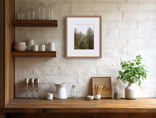 Mock Up poster frame in kitchen interior Farmhouse, Mockups Design 3D, High-quality Mockups, Generative Ai