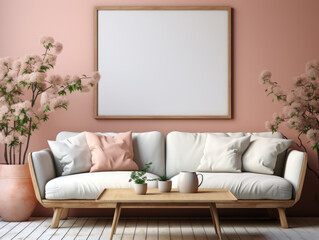 Mockup poster frame in living room interior, Mockups Design 3D, High-quality Mockups, Generative Ai