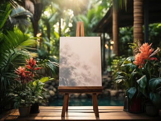 Mockup Poster frame in tropical interior background, Mockups Design 3D, High-quality Mockups, Generative Ai