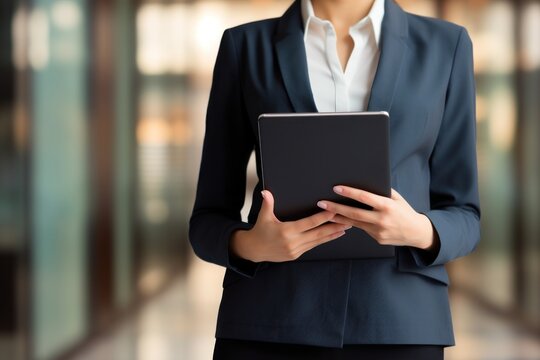 Close-up shot of a confident businesswoman delivering a compelling corporate presentation using a tablet. The focus is on her hands and the tablet screen. Generative Ai.