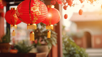 Chinese style red lanterns. Chinese new year decorations. Year of the dragon - obrazy, fototapety, plakaty