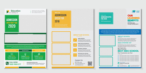 Back to school Set of brochure design templates on the subject of education, school, online learning.
Vector illustrations for flyer layout, Kids back to school education admission flyer poster layout