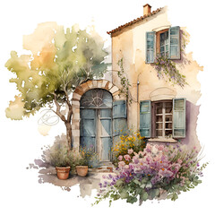 Provence street watercolor illustration Generative AI, png image.