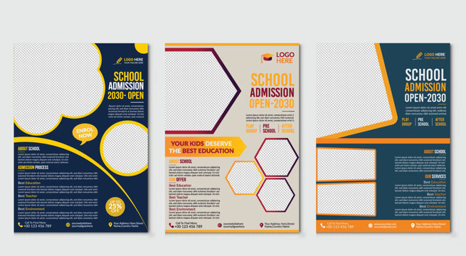 Back to school Set of brochure design templates on the subject of education, school, online learning.
Vector illustrations for flyer layout, Kids back to school education admission flyer poster layout