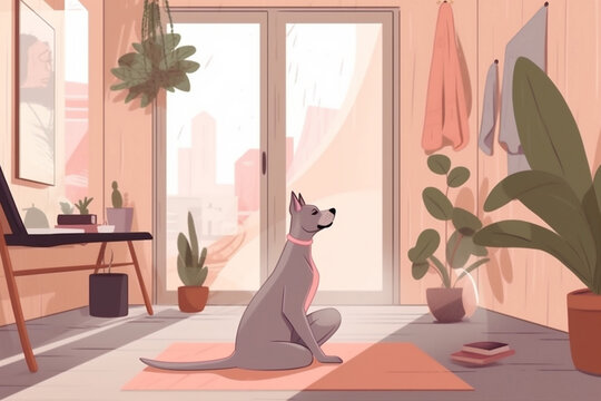 woman dog body zen yoga lifestyle fitness training sport home cartoon. Generative AI.