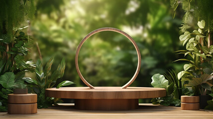 Wooden product display podium for cosmetic product with green nature garden background. generative Ai