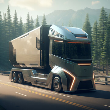 Design image of a lorry in the future moving towards its destination. Aerodynamic and more solid design with additional safety features.
