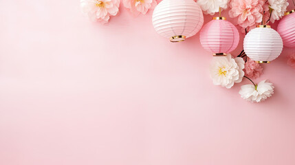 Traditional Chinese lanterns with paper flowers as background