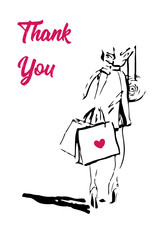 Silhouette of a girl in high heels in a raincoat with shopping bags. The inscription 
