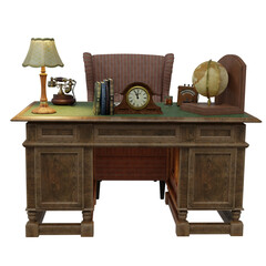 A 3D rendered illustration of a cozy vintage desk with an old phone, a table lamp and a clock. A detective's desk as an overlay