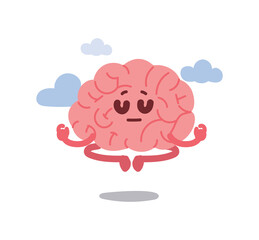 Meditating brain, brain anthropomorphism concept character illustration.