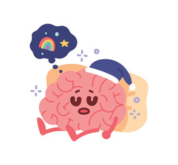 Sleeping dreaming brain, brain anthropomorphism concept character illustration.