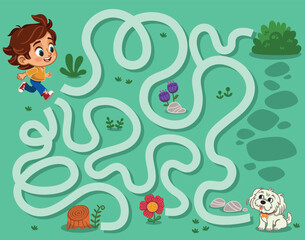 Can you help the boy to find his dog? Vector illustration for children.