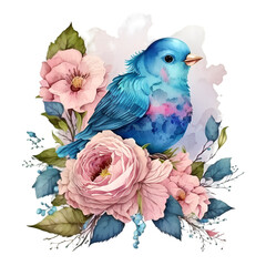 Watercolor blue bird with pink flower illustration. Generative AI, png image.