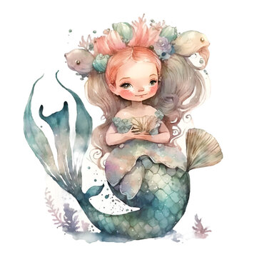 Watercolor fairy tale mermaid underwater illustration. Generative AI, png image.