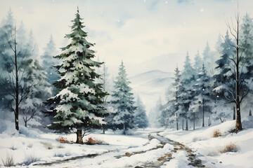 Fototapeta na wymiar Christmas tree, watercolor picture, retro postcard style. AI generative