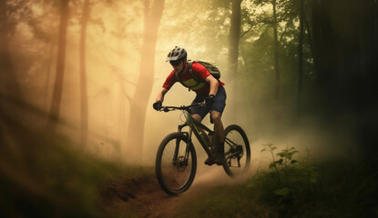Fototapeta premium dark woman sunset summer green cycling forest bicycle bike sport walking. Generative AI.