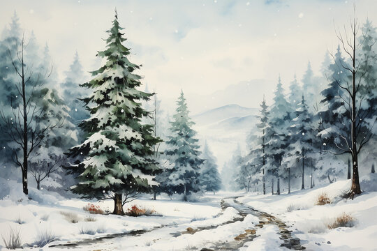 Christmas tree, watercolor picture, retro postcard style. AI generative