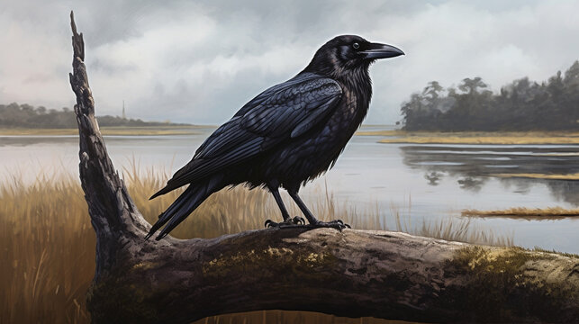 crow on a branch HD 8K wallpaper Stock Photographic Image