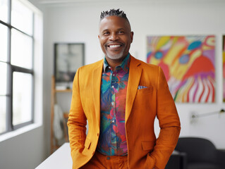 A fictional person, not based on a real person: Attractive African American man smiling and wearing a colorful suit looking at camera and posing in his office with colorful paintings behind him.