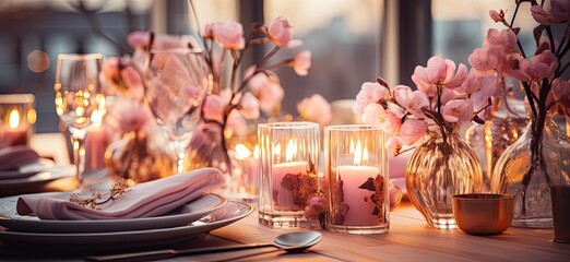 Elegant dining table setting with pink flowers