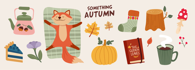 Autumn collection illustration. Banner, vector, fox, coffee, leaves, socks, blueberry pie, wood, book, mushroom, pumpkin, flower and teapot.