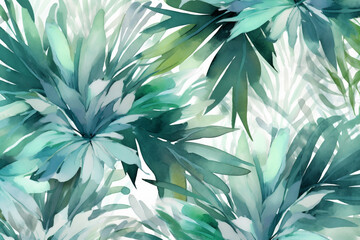 leaf tropical palm watercolor summer design seamless background trendy pattern jungle. Generative AI.