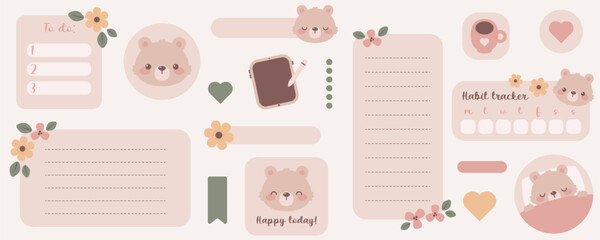 Kawaii digital stickers with cute bear. Digital note papers and stickers for bullet journaling or planning. Vector art.