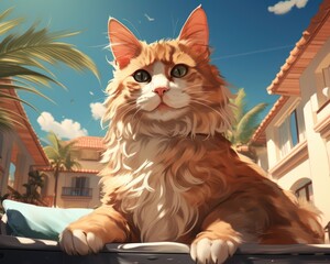 Obraz premium A cat on vacation is illustrated by the swimming pool. (Illustration, Generative AI)