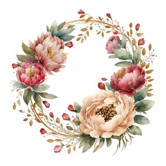 Watercolor delicate wreath with red peony and gold leaves illustration. Generative AI, png image.