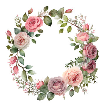 Watercolor
 wreath of pink roses illustration. Generative AI, png image.