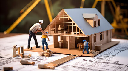 Fototapeta premium building house on blueprints with worker - construction project