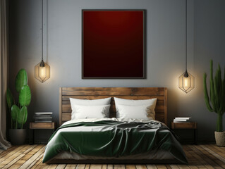 Mockup Frame On dark blue Bedroom, Mockups Design 3D, High-quality Mockups, Generative Ai