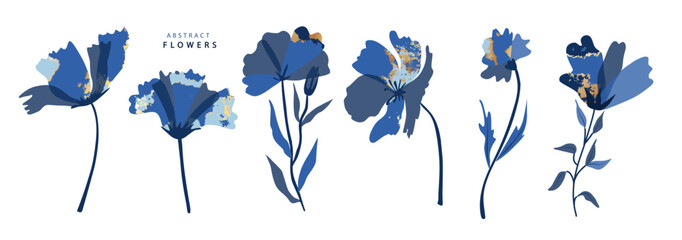Set of beautiful blue flowers with gold pattern. Vector collection.