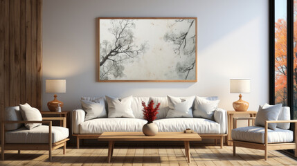 Mockup frame in farmhouse living room interior 3d, Mockups Design 3D, High-quality Mockups, Generative Ai