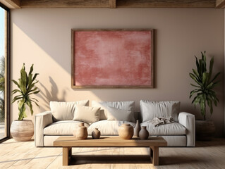 Mockup frame in farmhouse living room interior 3d, Mockups Design 3D, High-quality Mockups, Generative Ai