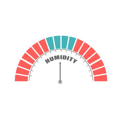 Humidity level on measure scale. Hygrometer mechanic round scale with arrow. Colorful infographic gauge element. - obrazy, fototapety, plakaty