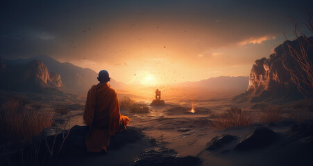 Fototapeta na wymiar a monk sits on the top of a rocks in a river