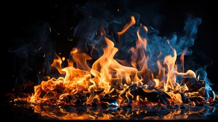 Fototapeta na wymiar Bonfire with big orange wood fire burning in the dark night