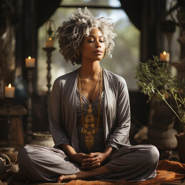 Older Black Woman Practicing Mindfulness, Calm, Relaxation Techniques for Mental Health