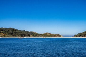Beach of Rodas in Cies Islands, white sand and clear turquoise water, Galicia, Spain
