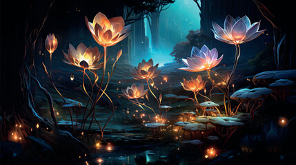 Surreal night jungle with luminescent plants and flowers. Wonderful fantasy magical bioluminescent flowers. 3D rendering. Flowers glow in the dark 3d wallpaper. Floral background. © Nataly G