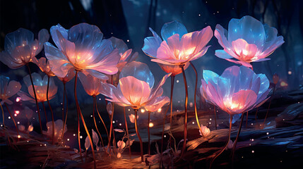 Surreal night jungle with luminescent plants and flowers. Wonderful fantasy magical bioluminescent flowers. 3D rendering. Flowers glow in the dark 3d wallpaper. Floral background. - obrazy, fototapety, plakaty