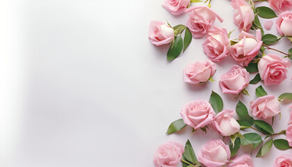 Naklejka na ściany i meble Decorative web banner. Close up of blooming pink roses flowers and petals isolated on white table background. Floral frame composition. Empty space, flat lay, top view