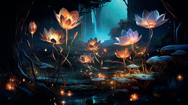Surreal night jungle with luminescent plants and flowers. Wonderful fantasy magical bioluminescent flowers. 3D rendering. Flowers glow in the dark 3d wallpaper. Floral background.