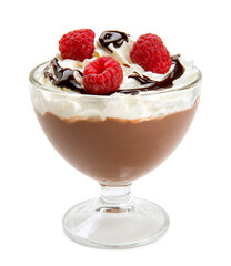 Chocolate mousse with raspberries and whipped cream in dessert glass bowl isolated on white.  - 619129162