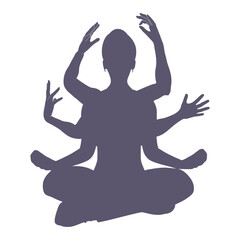 Silhouette of a multi-armed meditating girl with six arms, in the Lotus position. Happy relaxed female character performing meditation exercise